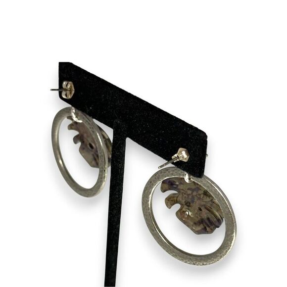 Faux Abalone Monstera Leaf Hammertone Hoop Earrings Lotus Posts - Picture 9 of 13